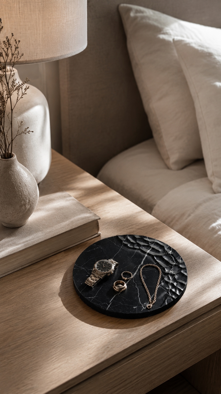 Chiseled black marble tray on a bedside table with a watch, gold rings and delicate chain jewelry