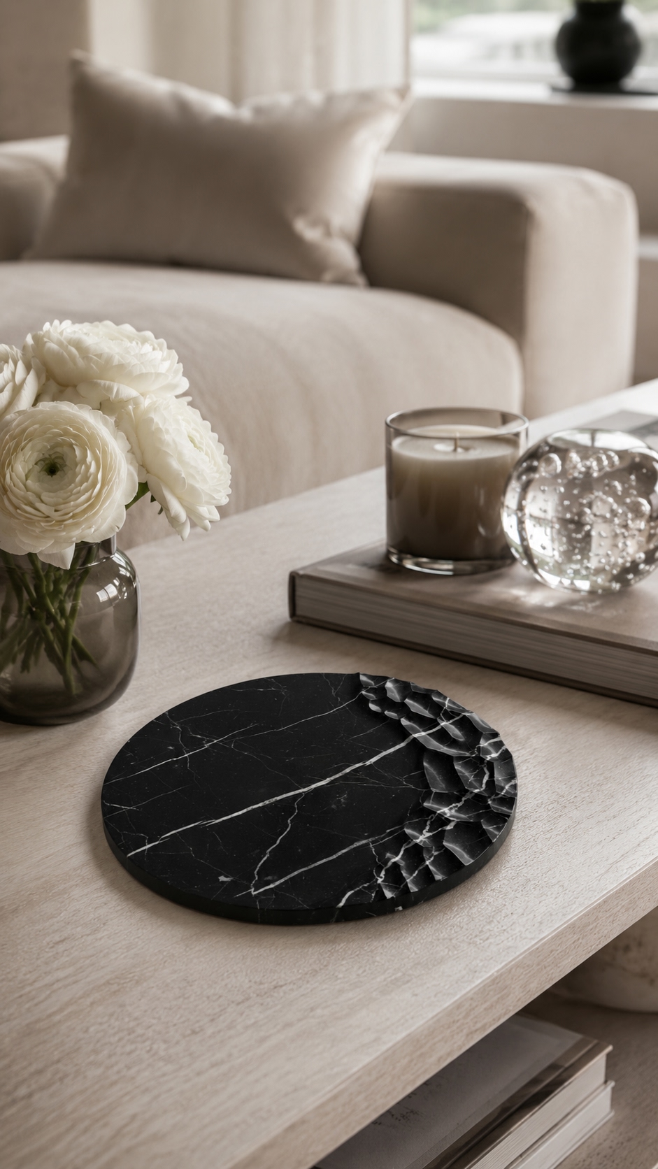 Chiseled-edge black marble tray as a sculptural centerpiece on a light wood coffee table with white flowers and candle