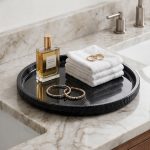 Black marble round tray with pillar candle, book and espresso cup on a wooden coffee table in a living room