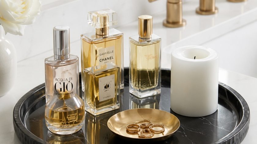 Black marble vanity tray styled with luxury perfume bottles on a bathroom counter