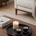 Black marble tray with wine decanter and red wine glasses on a linen tablecloth