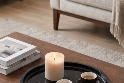 Black marble tray with wine decanter and red wine glasses on a linen tablecloth