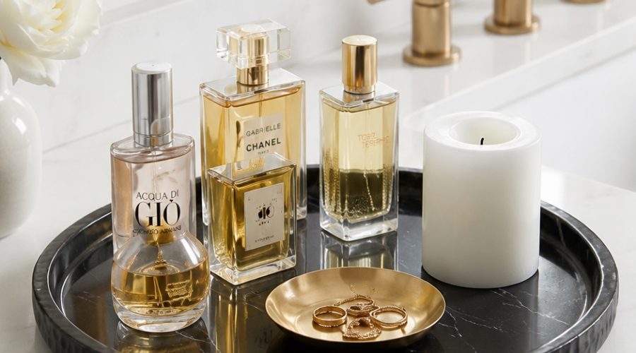 Black marble vanity tray styled with luxury perfume bottles on a bathroom counter