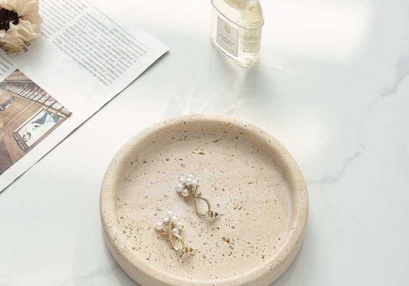Small white marble round tray top-down view, compact size perfect for jewelry or keys