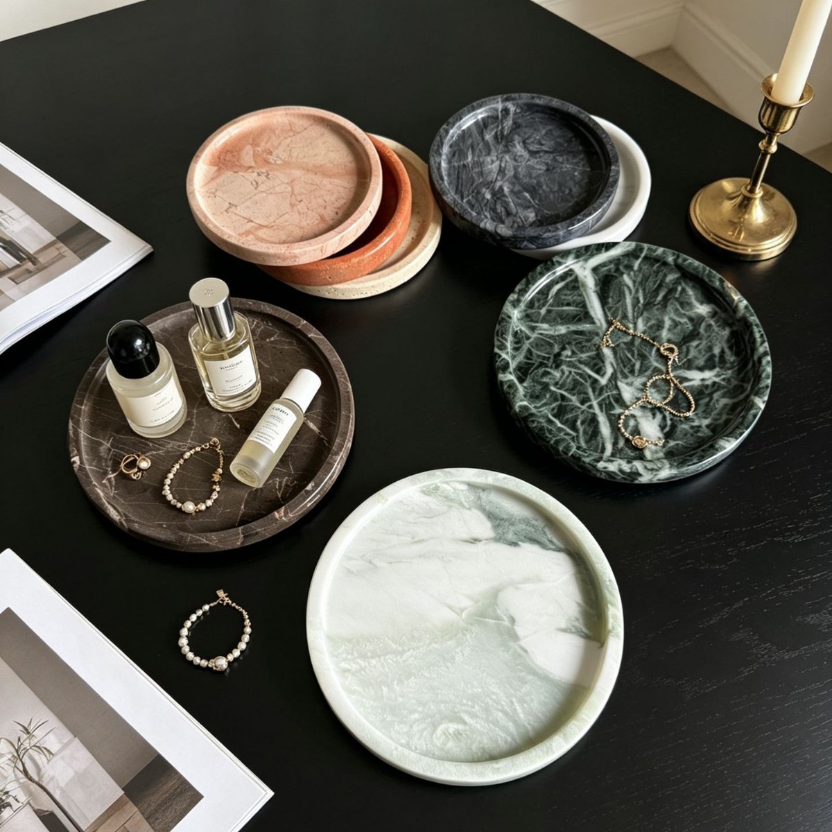 Angled perspective of dark natural marble round tray showing depth and edge craftsmanship