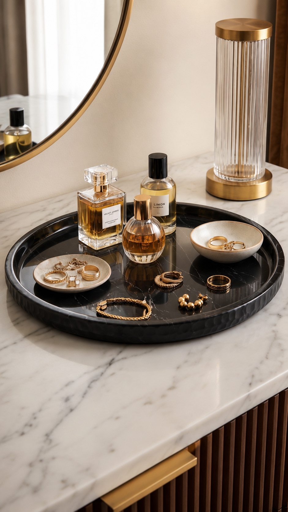 Close-up of hand-hammered textured rim detail on Nero Marquina marble tray