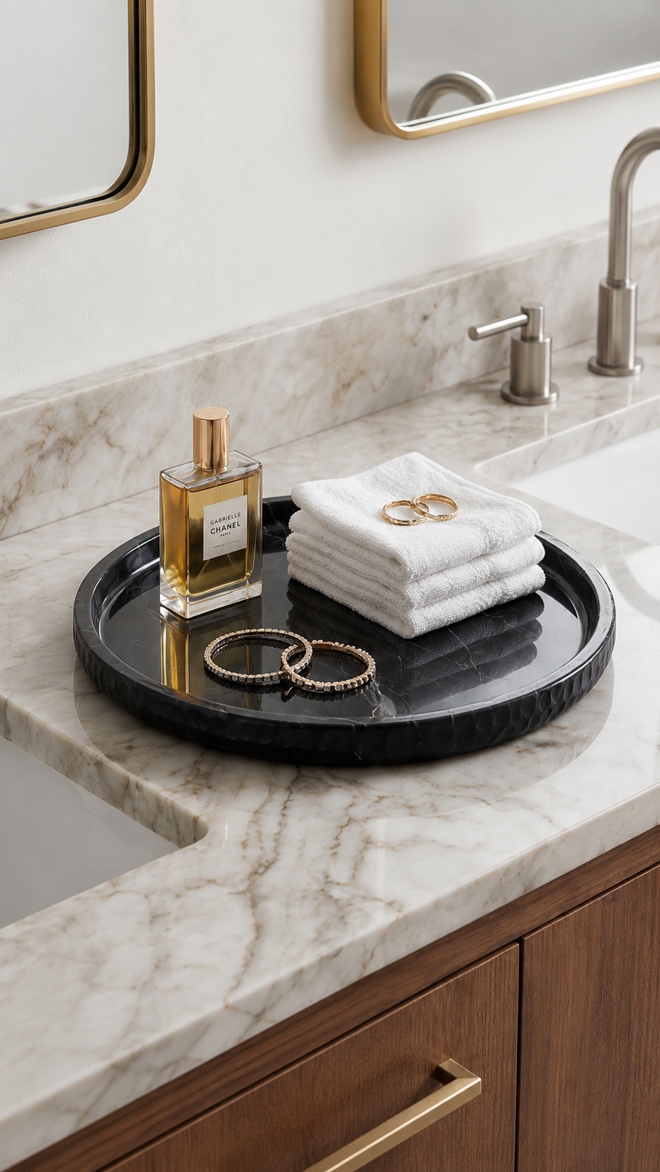 Black marble tray with white veining used as living room coffee table centerpiece