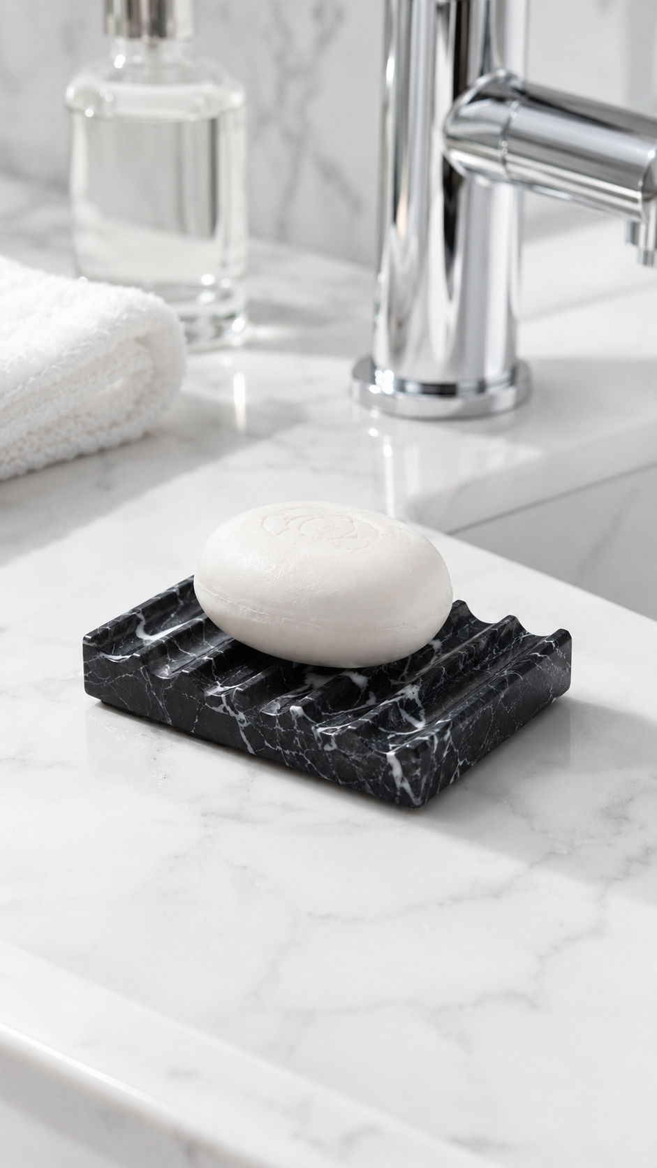 A natural marble soap dish with a draining deck on a bathroom basin