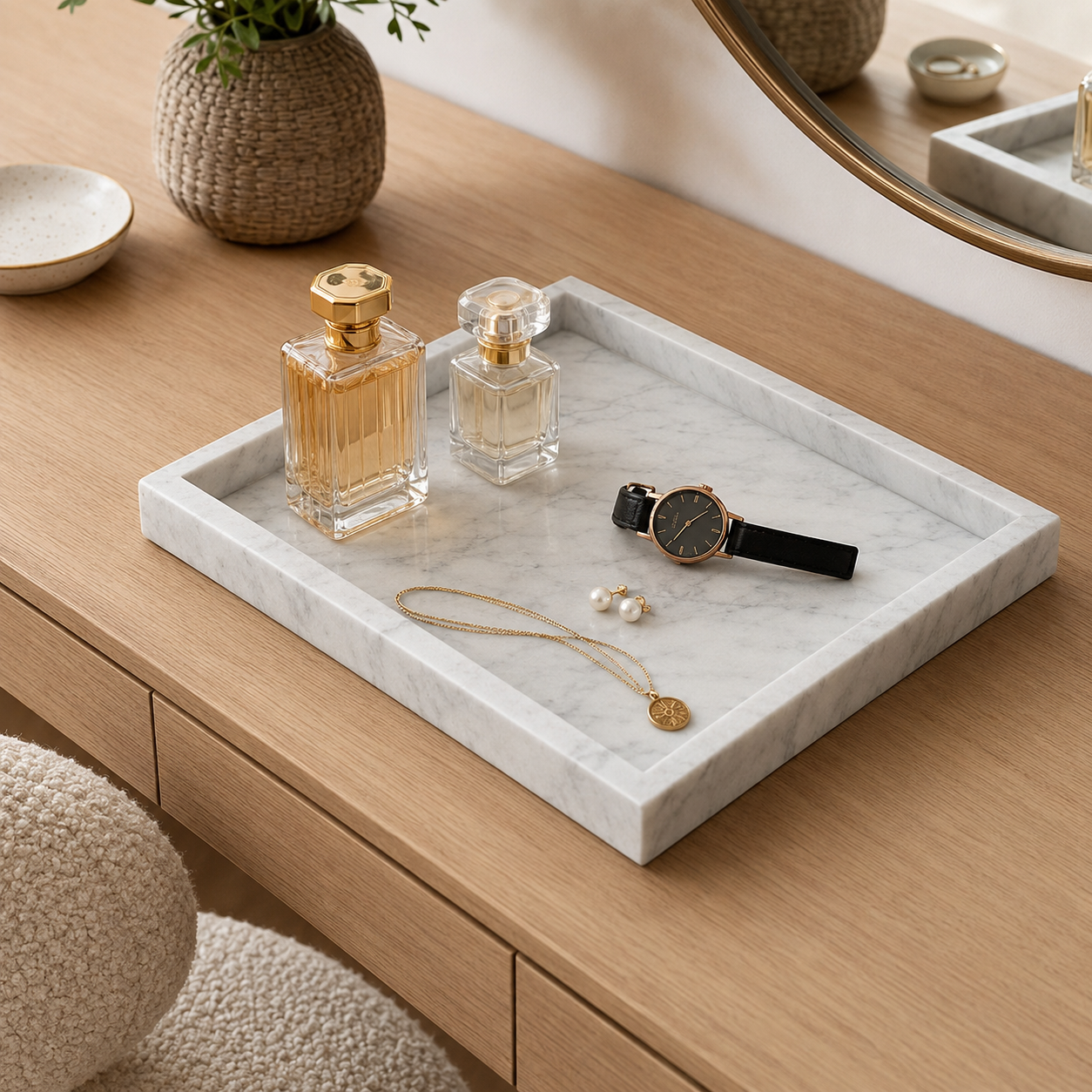 A natural marble square tray holding cosmetics on a vanity
