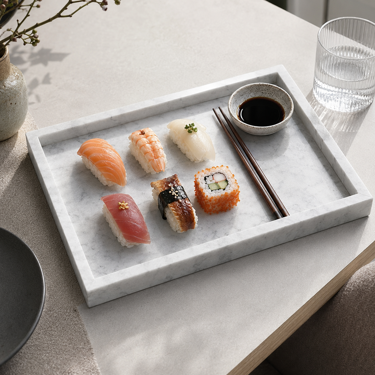 A minimalist marble tray as a display object on a side table