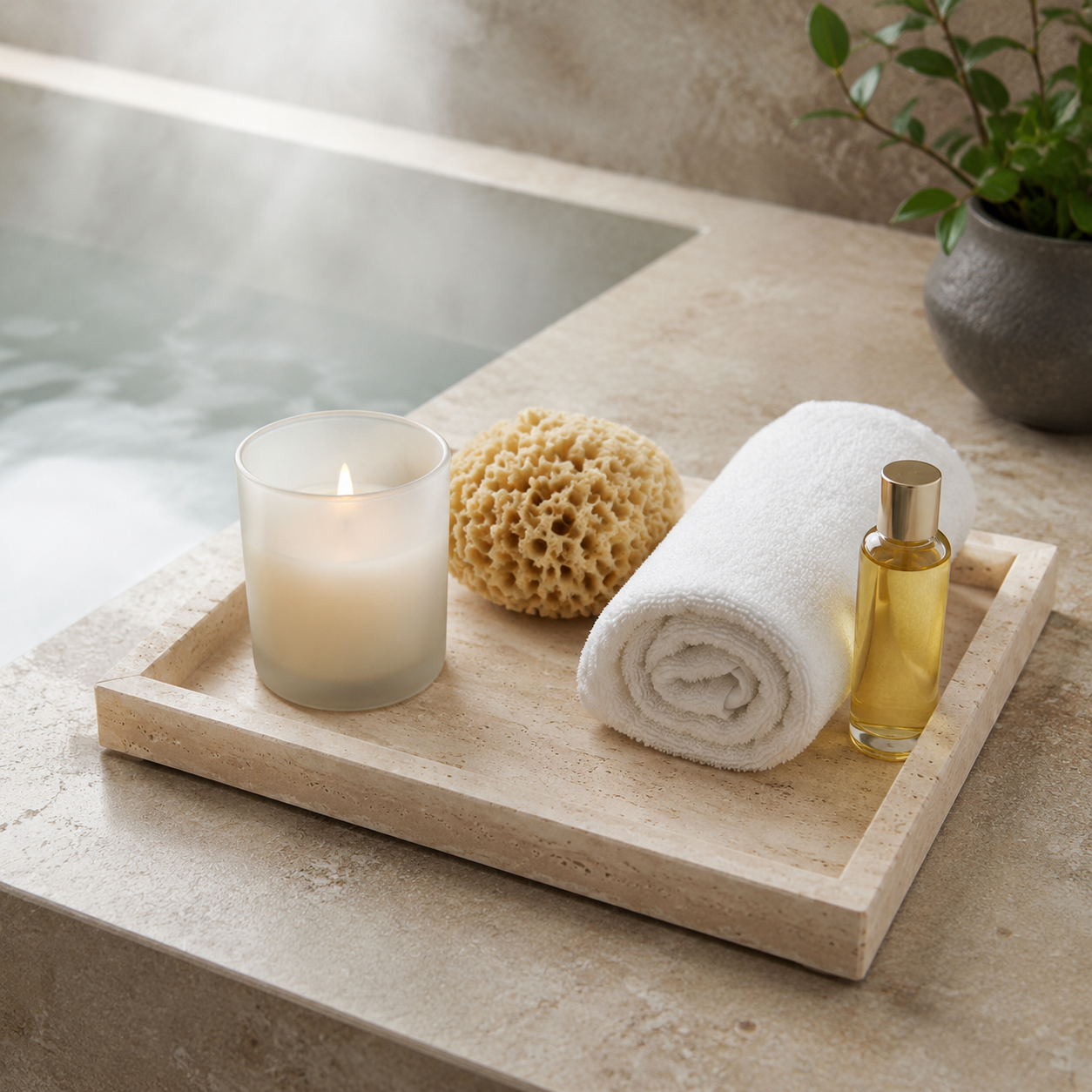 A marble square tray paired with other stone objects