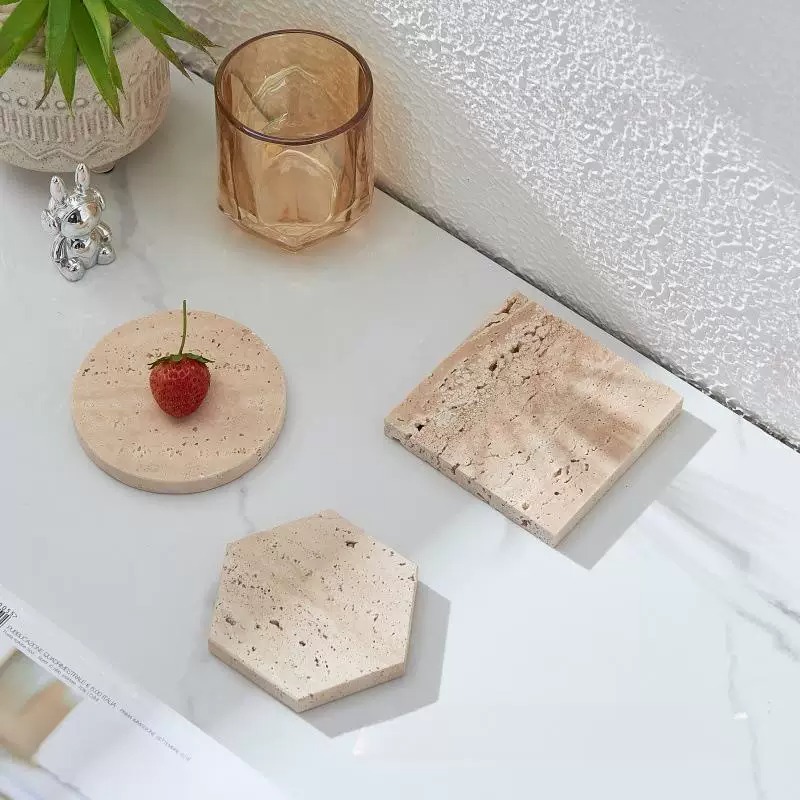 Marble tiles in square, round, and hexagonal shapes