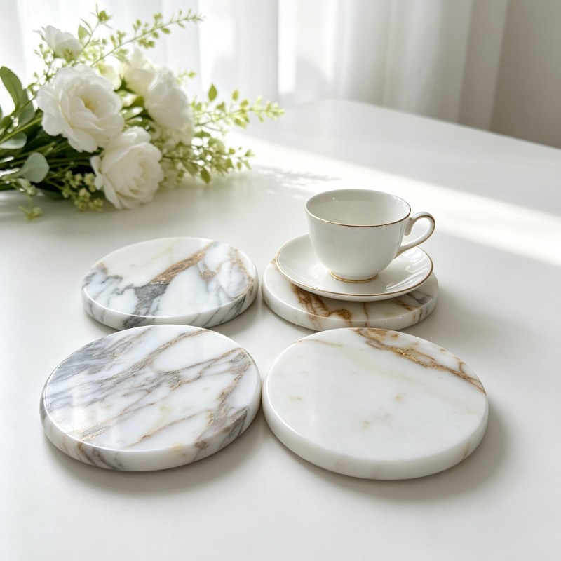 Bulgari Gold marble coaster with coffee cup on dark wood surface