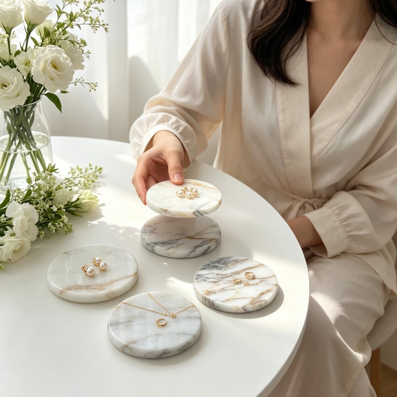 Bulgari Gold coasters displayed on marble surface with natural light