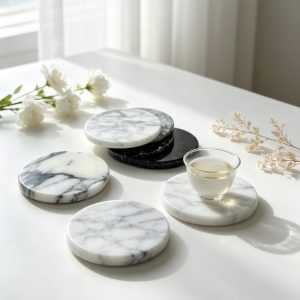Ins-Style Natural Marble Round Coasters — 10cm Curved Edge