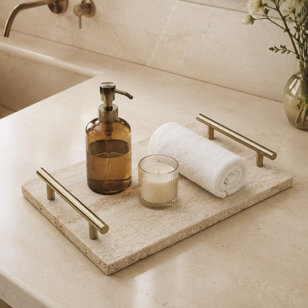 Natural Travertine Tray with Handle — Luxury Hotel & Vanity Organizer (Large 30×20 / Small 30×13cm)