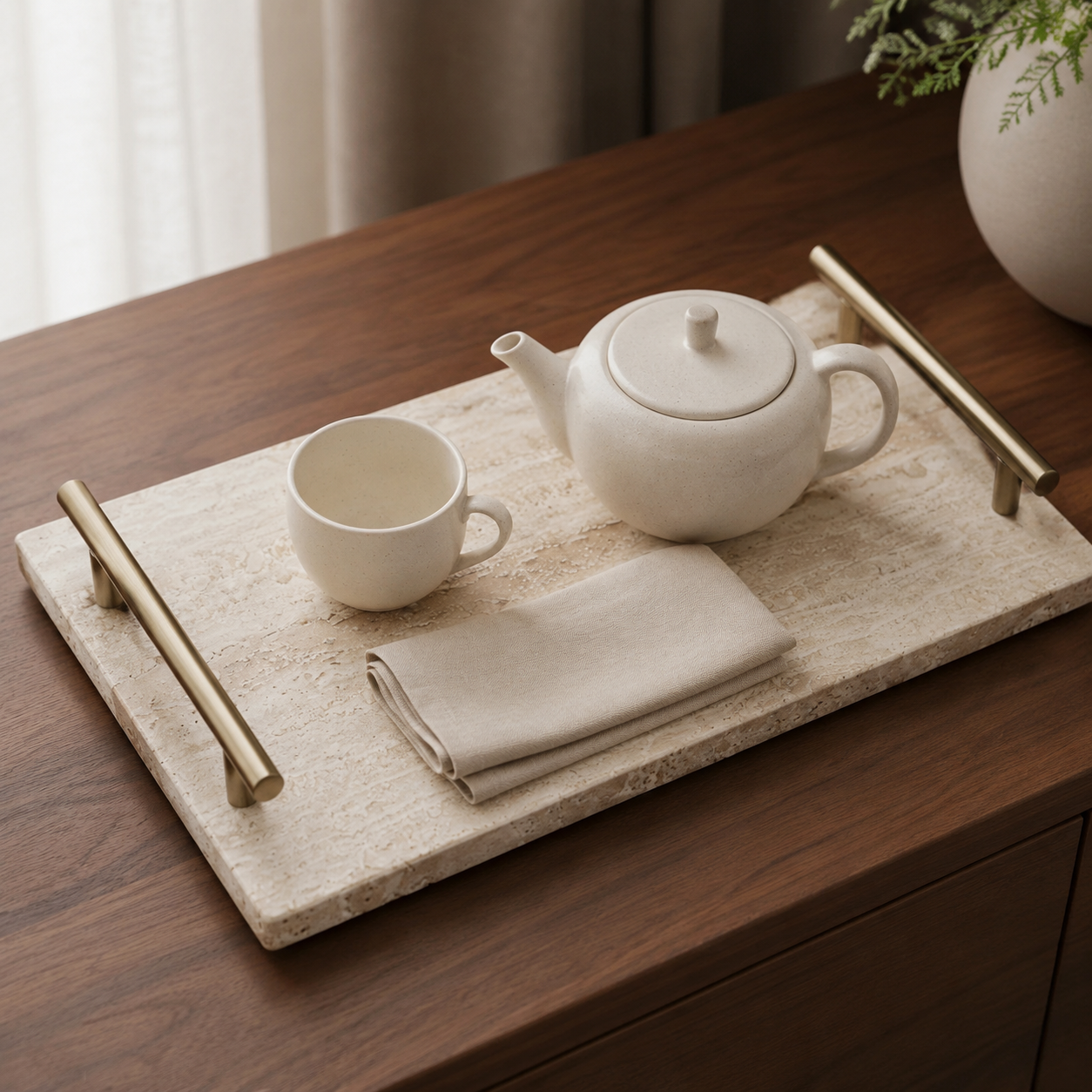 Natural travertine tray with handle on a warm surface