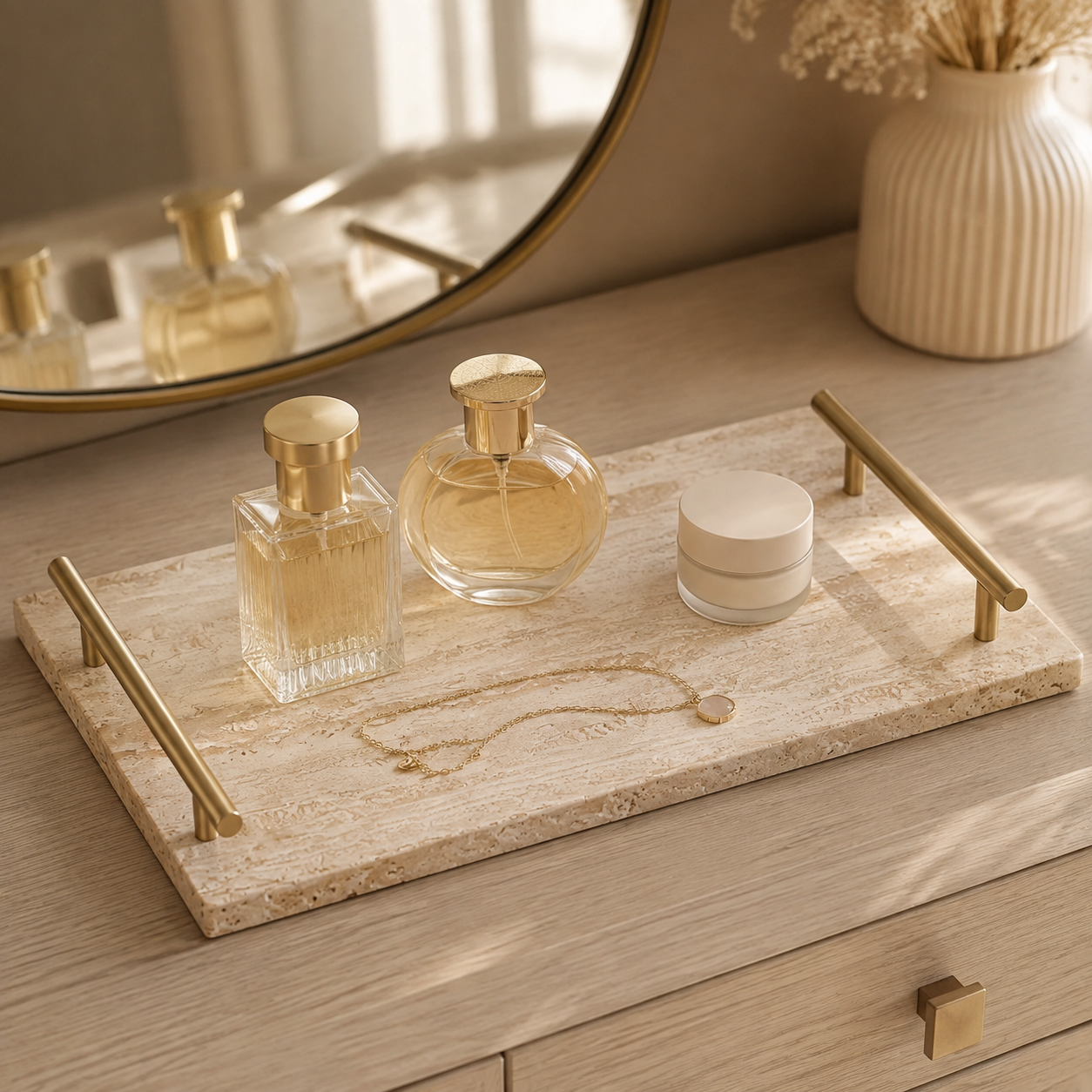 Large and small travertine trays side by side