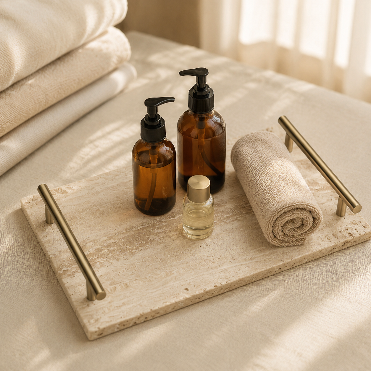 Natural Travertine Tray with Handle — Luxury Hotel & Vanity Organizer (Large 30×20 / Small 30×13cm) - Image 5