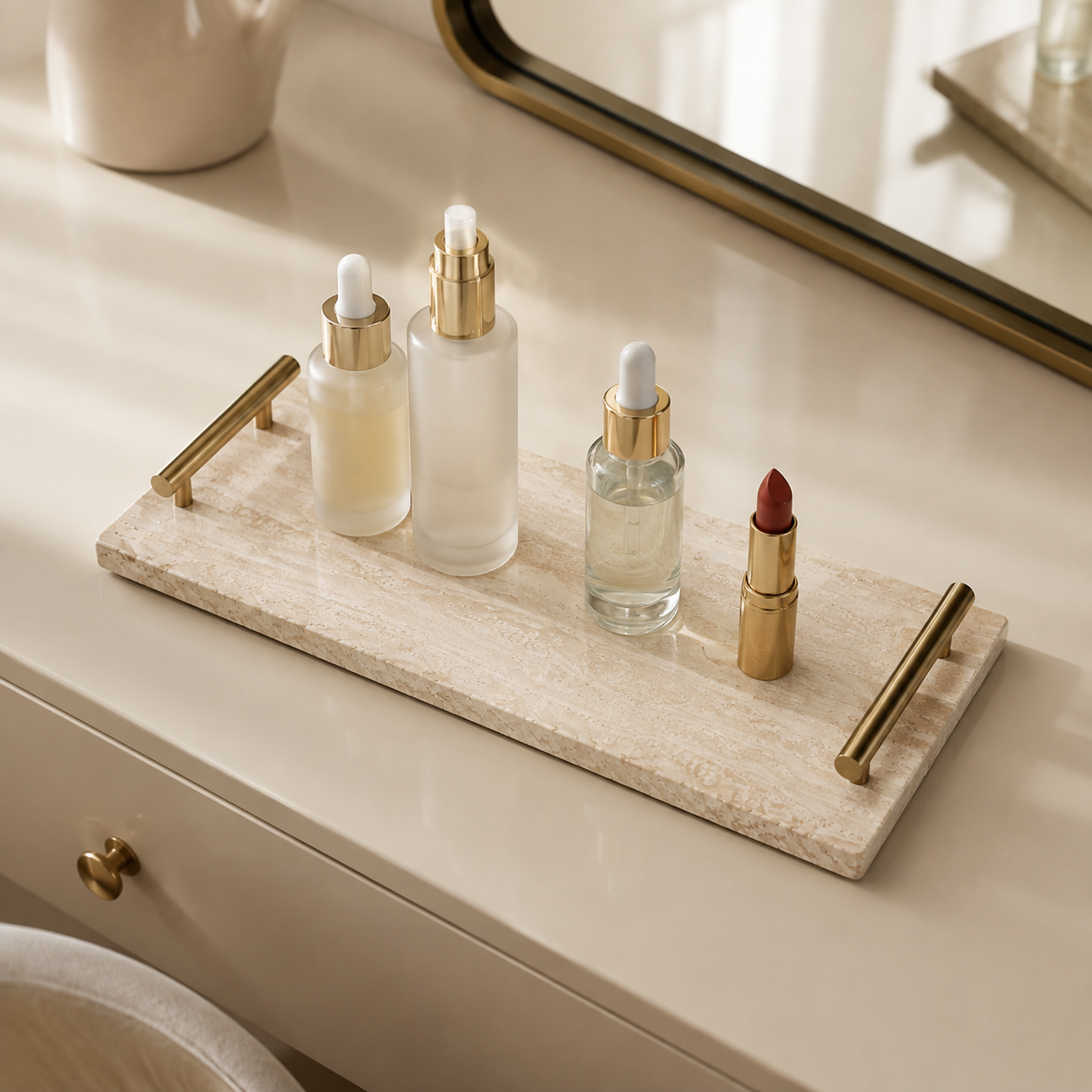 Natural Travertine Tray with Handle — Luxury Hotel & Vanity Organizer (Large 30×20 / Small 30×13cm) - Image 7