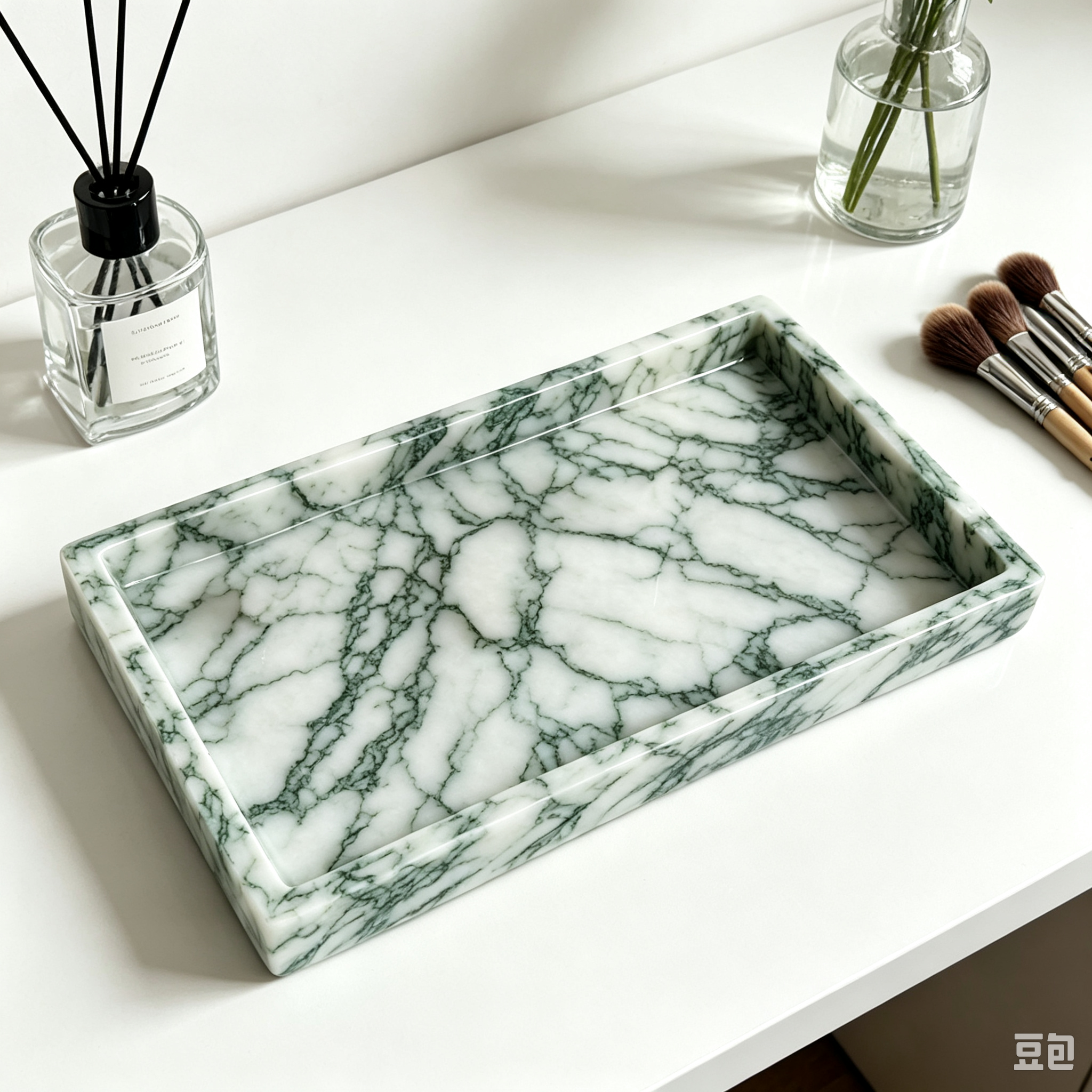 Natural Marble Lotus Green Collection - Square Tray, Tissue Box & Pen Holder (Hotel & Model-Home Decor) - Quarra Home