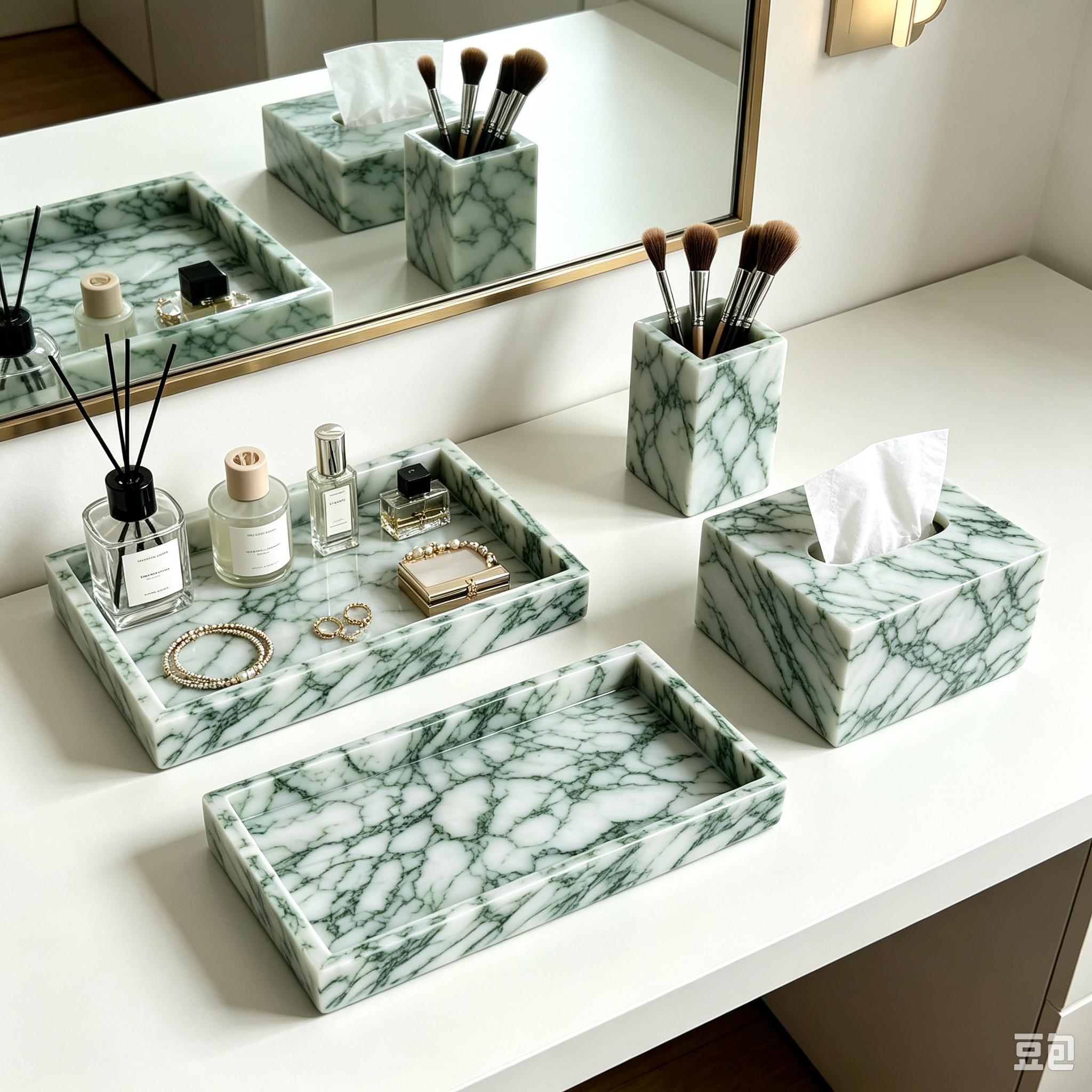 Lotus Green pen holder and small tray on a desk