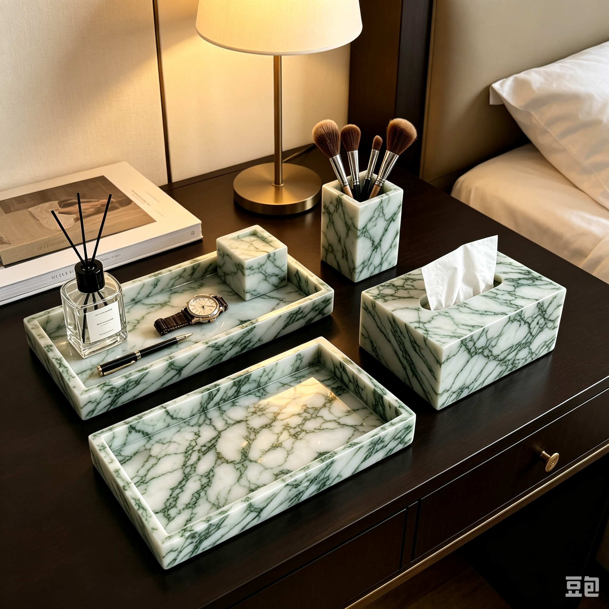 Natural Marble Lotus Green Collection - Square Tray, Tissue Box & Pen Holder (Hotel & Model-Home Decor) - Quarra Home - Image 5