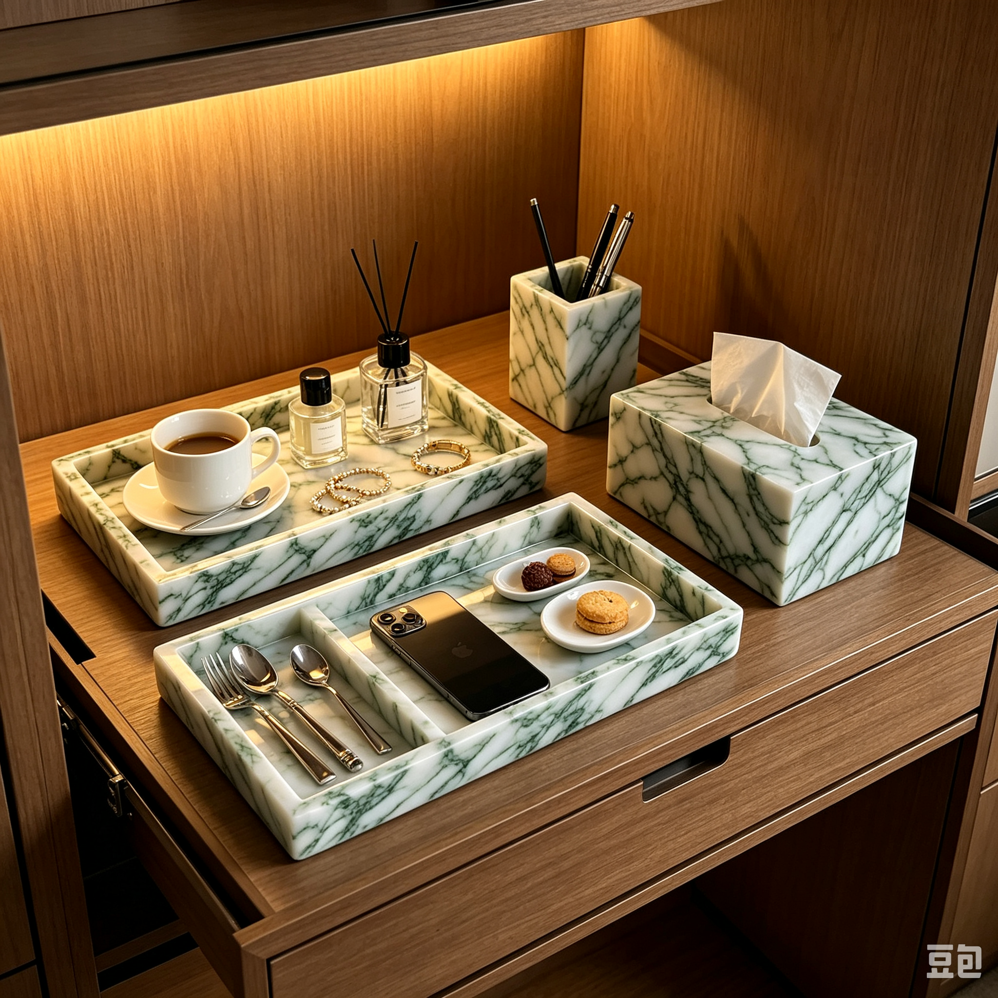 Lotus Green set on a model-home console