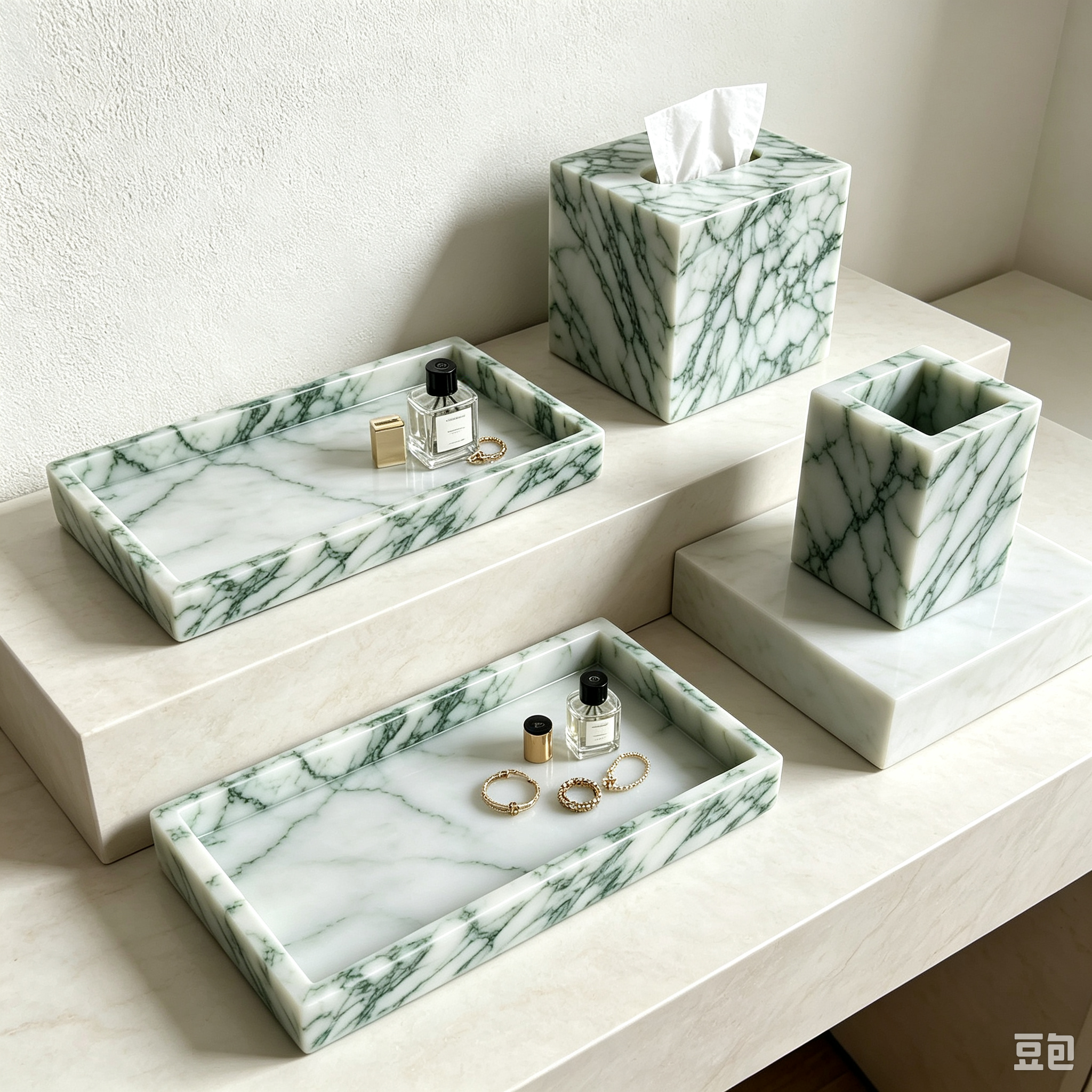 Natural Marble Lotus Green Collection - Square Tray, Tissue Box & Pen Holder (Hotel & Model-Home Decor) - Quarra Home - Image 9