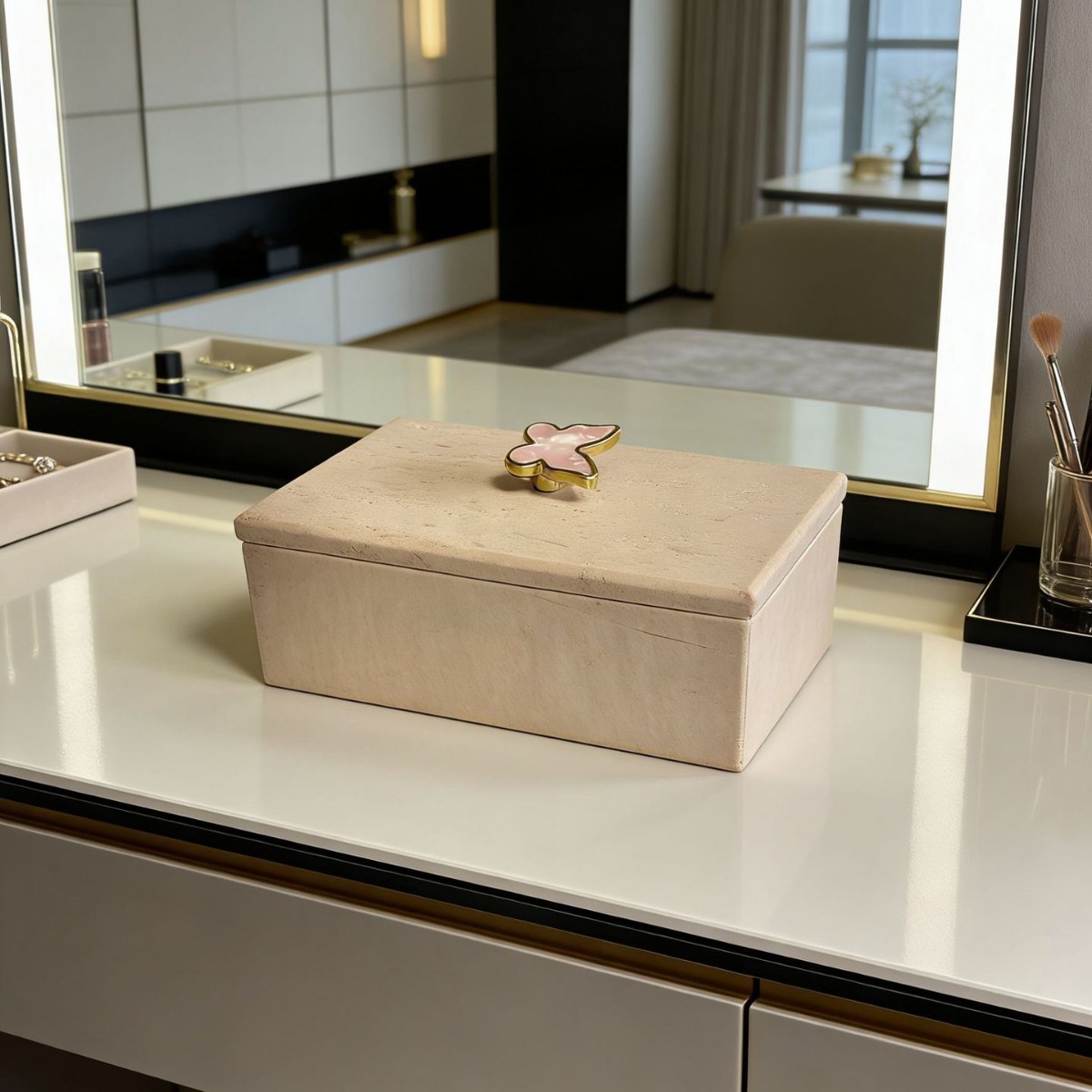 Marble jewelry box on a bathroom counter