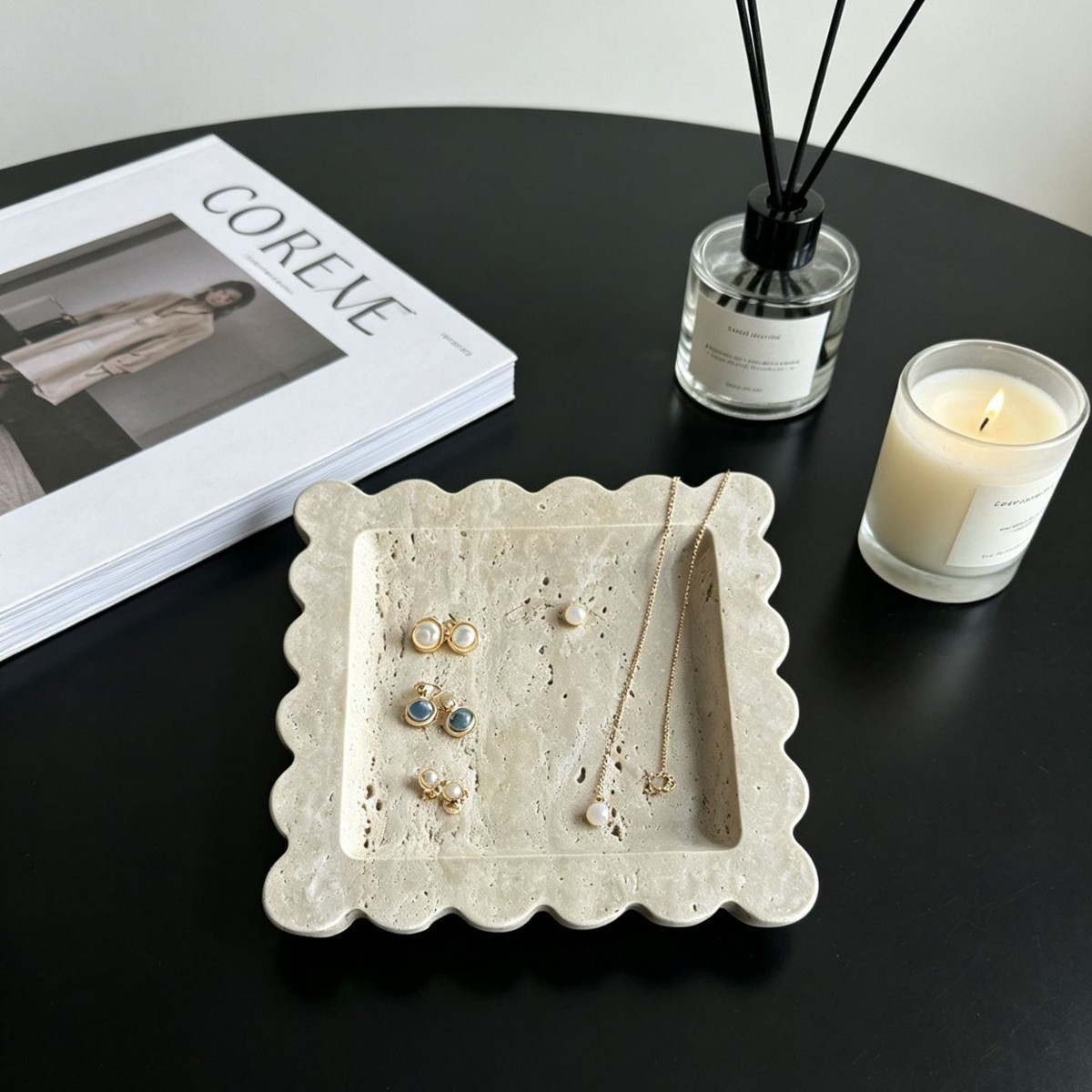Scalloped Edge Marble Tray 20x20cm — Bulgari White & Travertine Vanity Catchall - Image 4