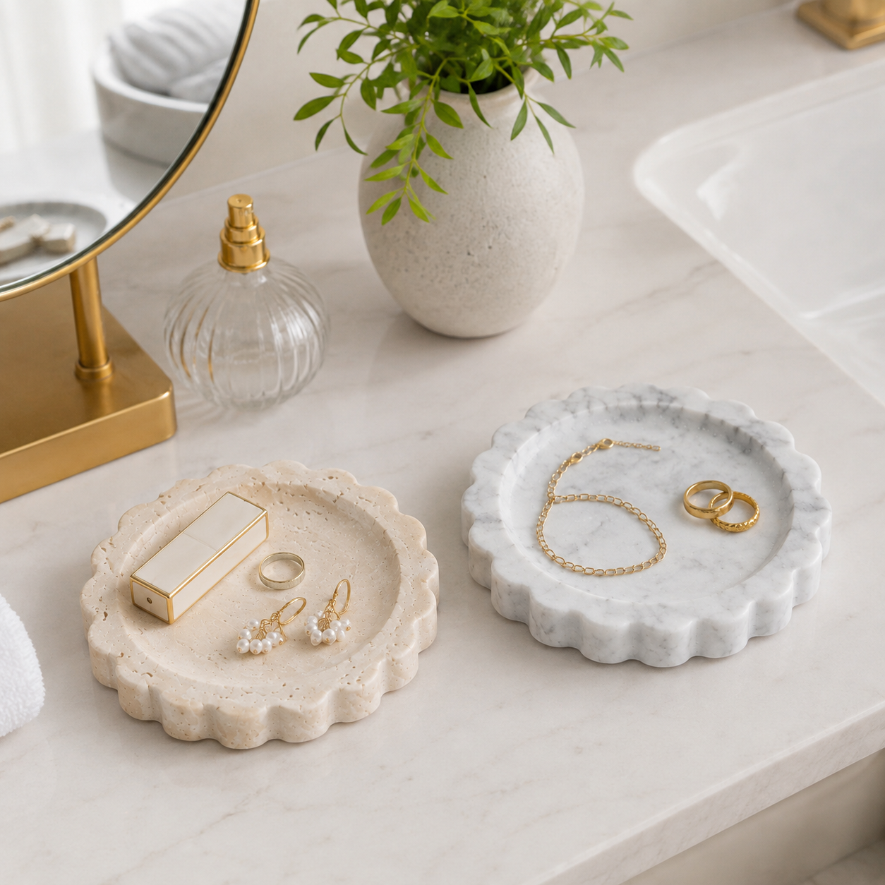 French Vintage Scalloped Marble Tray — 15cm Round Decorative Catchall (2 Stones) - Image 4