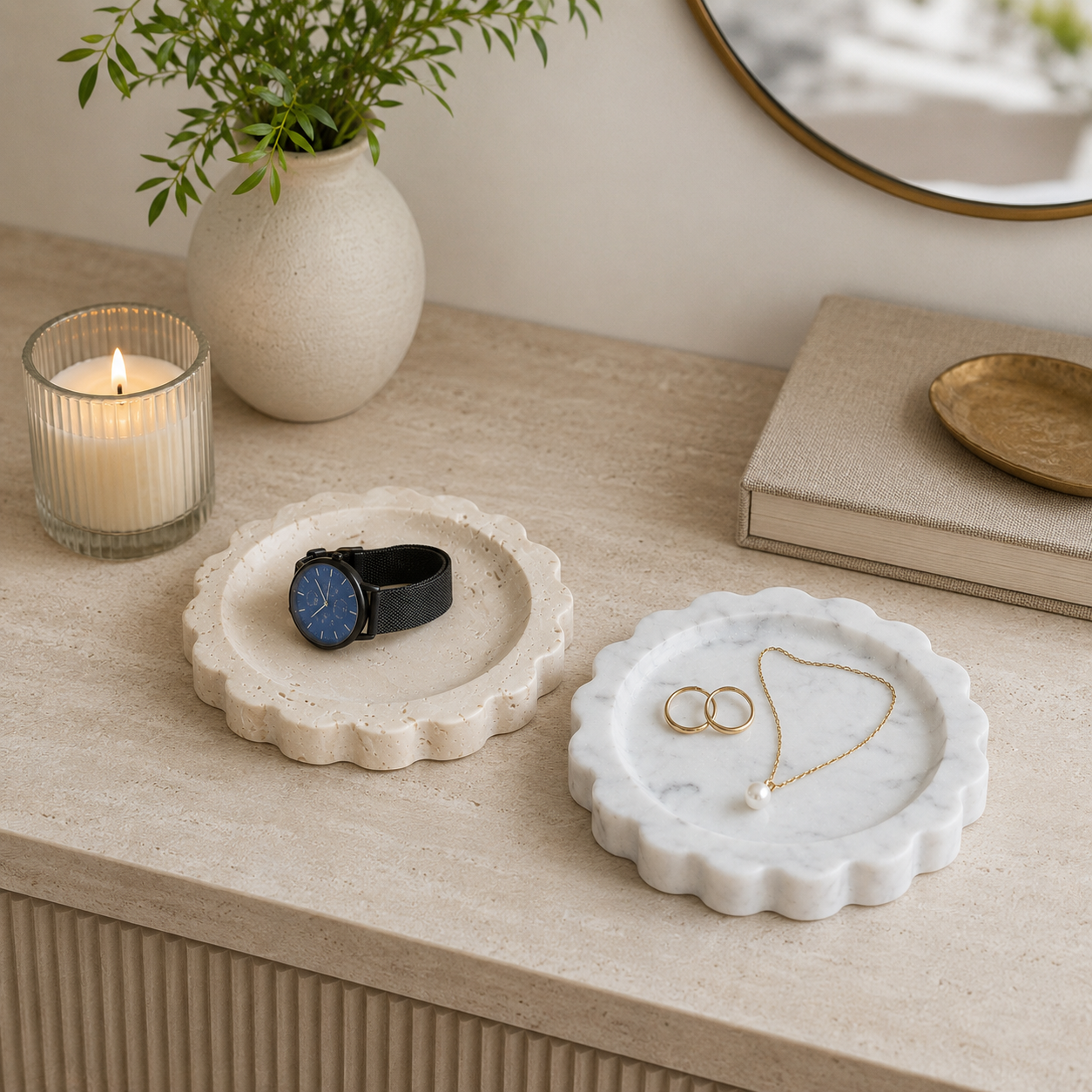 French Vintage Scalloped Marble Tray — 15cm Round Decorative Catchall (2 Stones) - Image 7