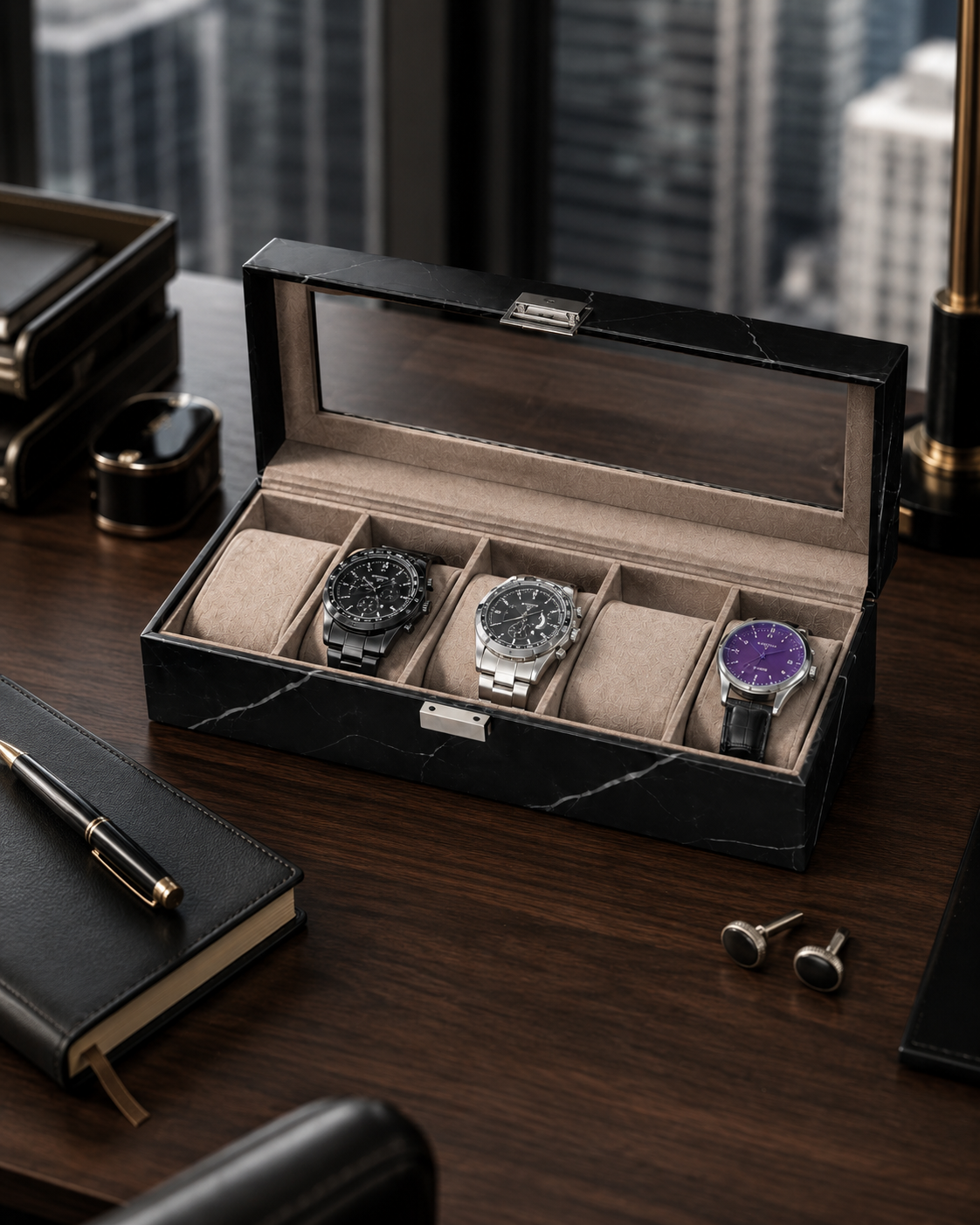 Black marble watch box on a city-view desk