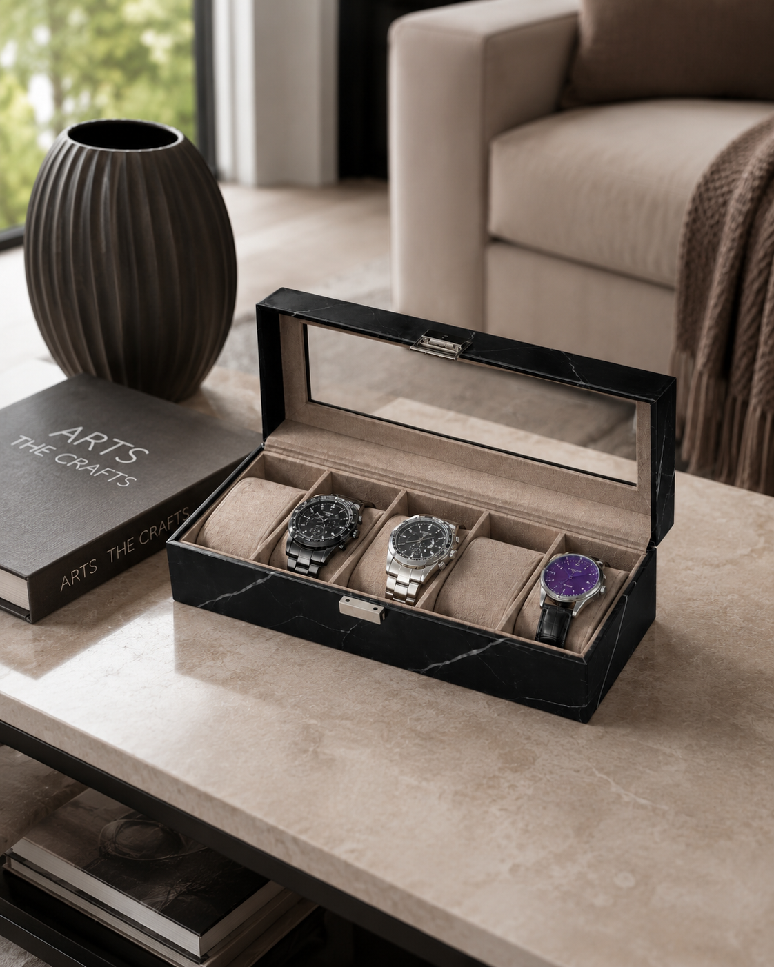 6-Slot Black Marble Watch Box for Men — Glass-Top Display Case - Image 5