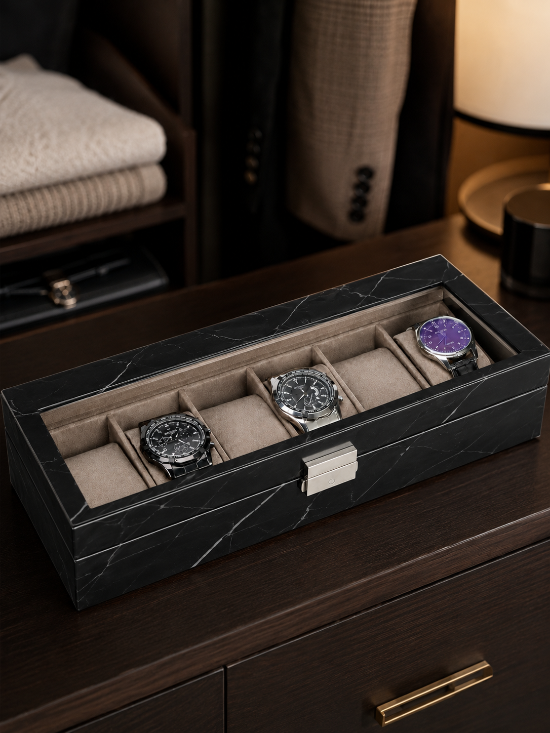 6-Slot Black Marble Watch Box for Men — Glass-Top Display Case - Image 6