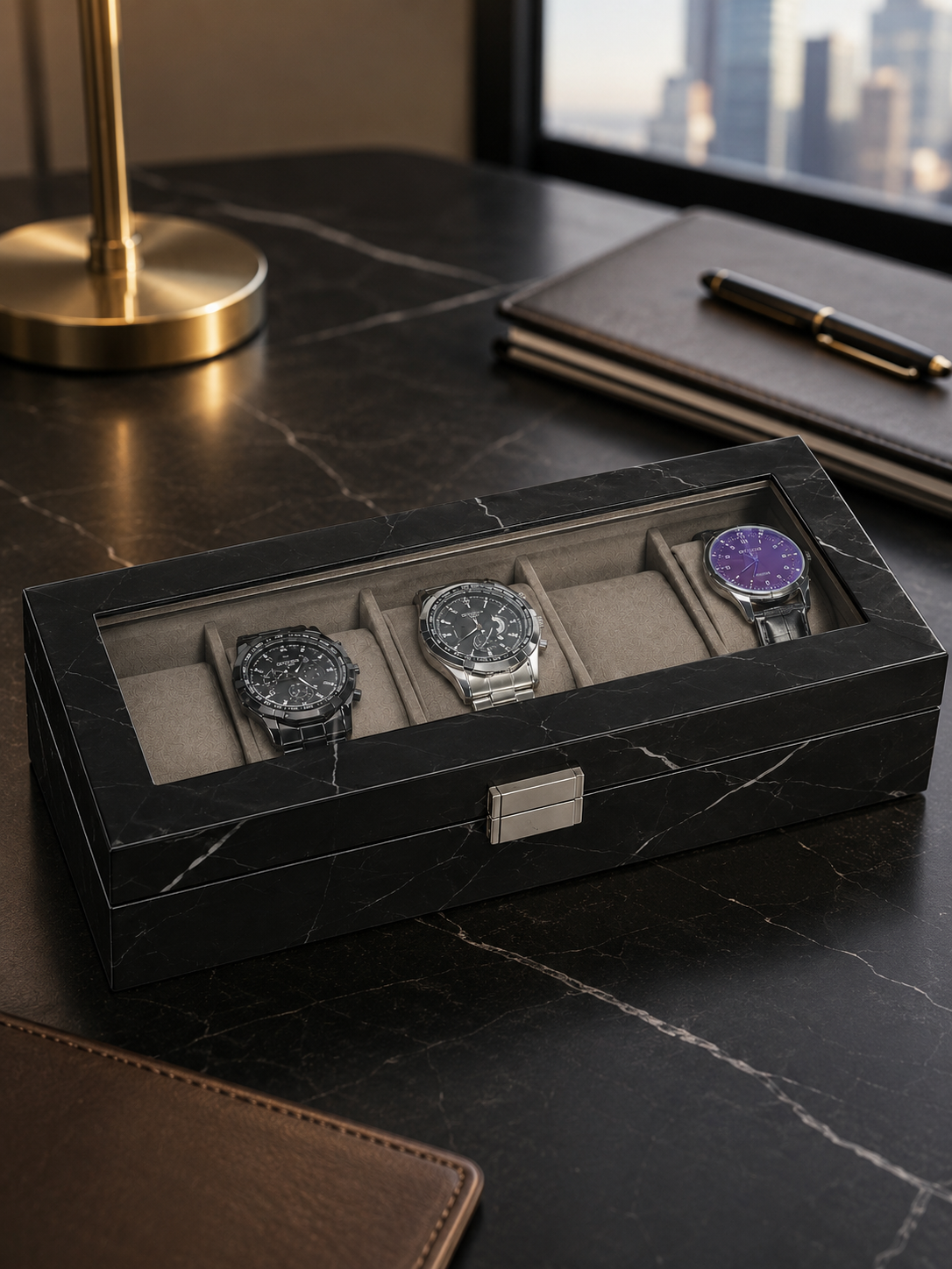 6-Slot Black Marble Watch Box for Men — Glass-Top Display Case - Image 7