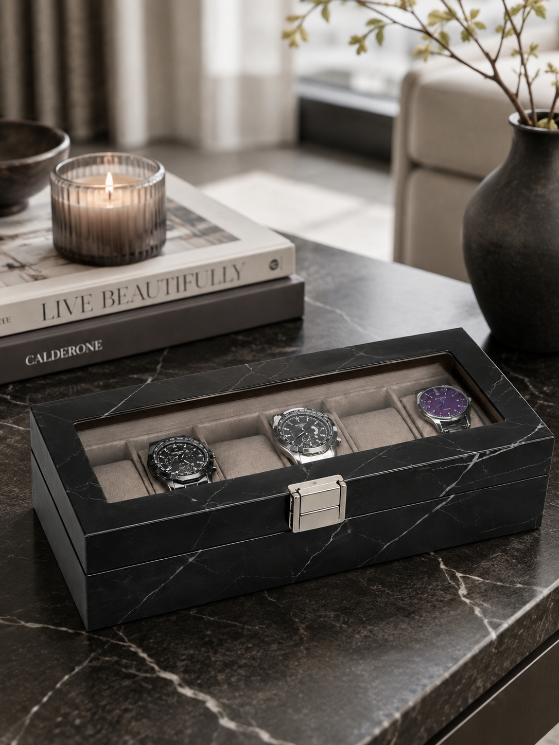 6-Slot Black Marble Watch Box for Men — Glass-Top Display Case - Image 8
