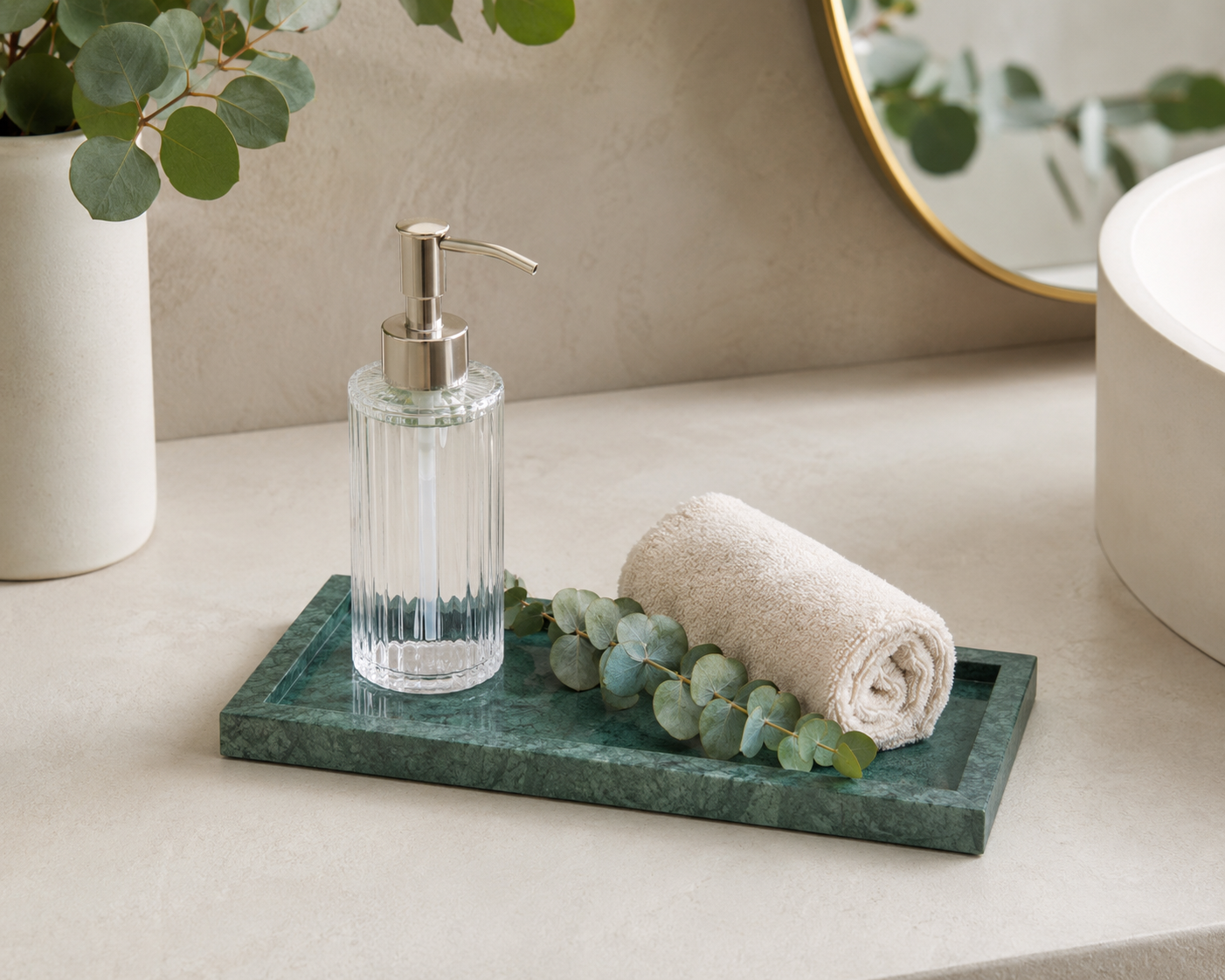 Carrara White marble tray on a desk with pen and earbuds