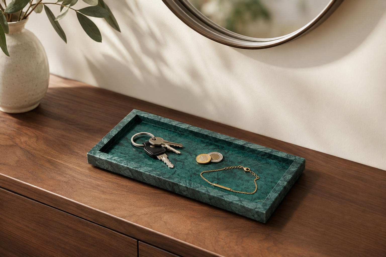 Emerald Green marble tray styled on a vanity with jewelry
