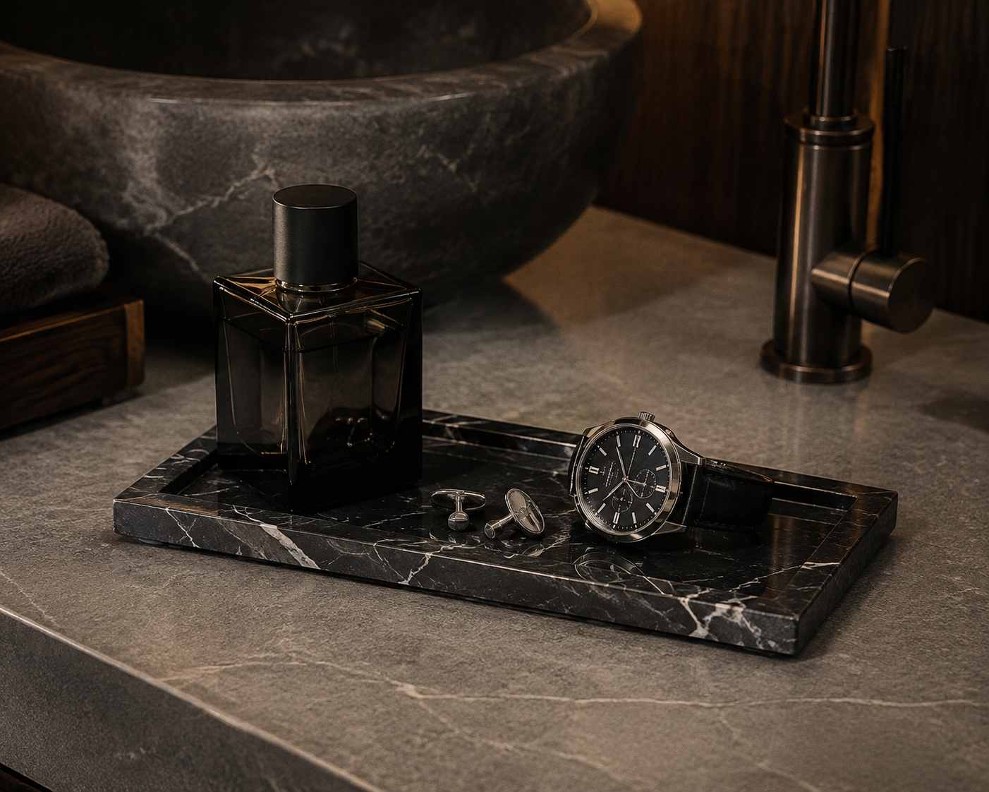 Nero Marquina marble catchall tray with watch and cufflinks