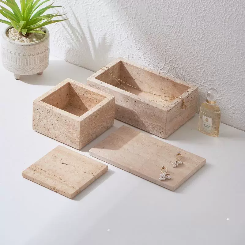 Natural Travertine Jewelry Box with Lid – Square & Rectangular Display Tray