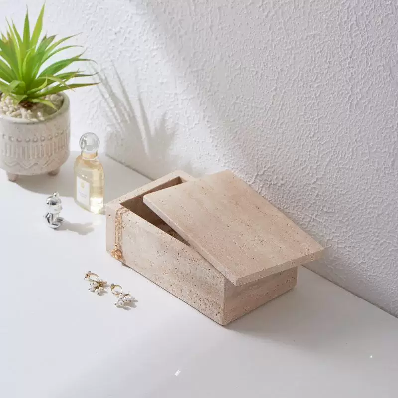 Natural Travertine Jewelry Box with Lid – Square & Rectangular Display Tray - Image 4